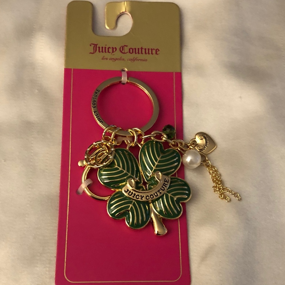 Juicy Couture Gold Tone & Green Lucky Clover Keychain Bag Charm JC & Tassel NWT